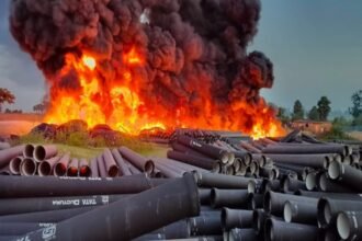 Fire near Domchanch water tank, Koderma, burning plastic pipes with thick smoke