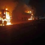 JJMP extremists set coal-laden vehicles on fire near Magadh Colliery in Latehar's Balumath area.