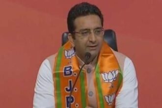 BJP press conference in Ranchi, with leaders Gaurav Bhatia, Rajeev Bindal and Eatela Rajender addressing political issues, highlighting the threat of appeasement and illegal migration in Jharkhand.