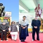Governor Santosh Gangwar, CM Hemant Soren and Kalpana Soren paying tribute to Martyr Albert Ekka at Albert Ekka Chowk, Ranchi