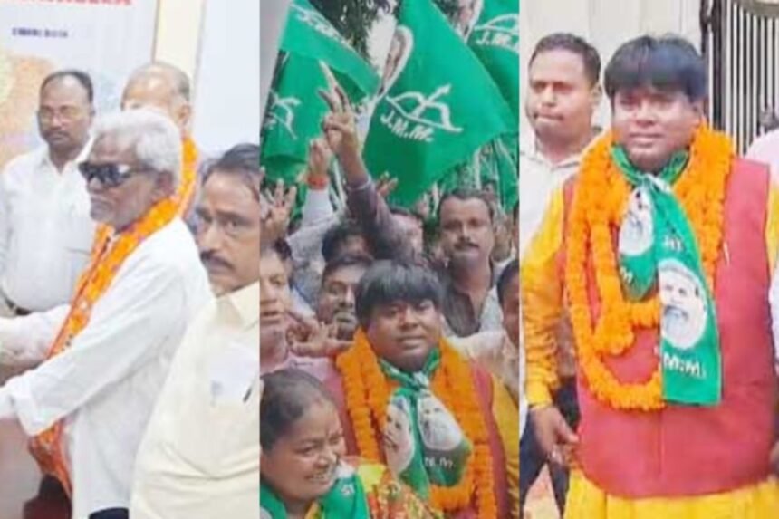 Champai Soren filing his nomination in Saraikela with supporters clashing against Ganesh Mahali's faction.