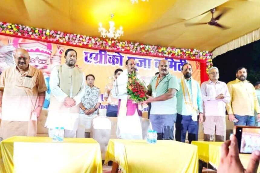 Raghubar Das inaugurates the 75-foot bamboo Durga Puja pandal at Agrico Club House, Jamshedpur, during Durga Puja 2024