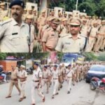 Ranchi police conducting a flag march to promote peaceful voting ahead of the assembly elections.