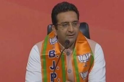 BJP press conference in Ranchi, with leaders Gaurav Bhatia, Rajeev Bindal and Eatela Rajender addressing political issues, highlighting the threat of appeasement and illegal migration in Jharkhand.