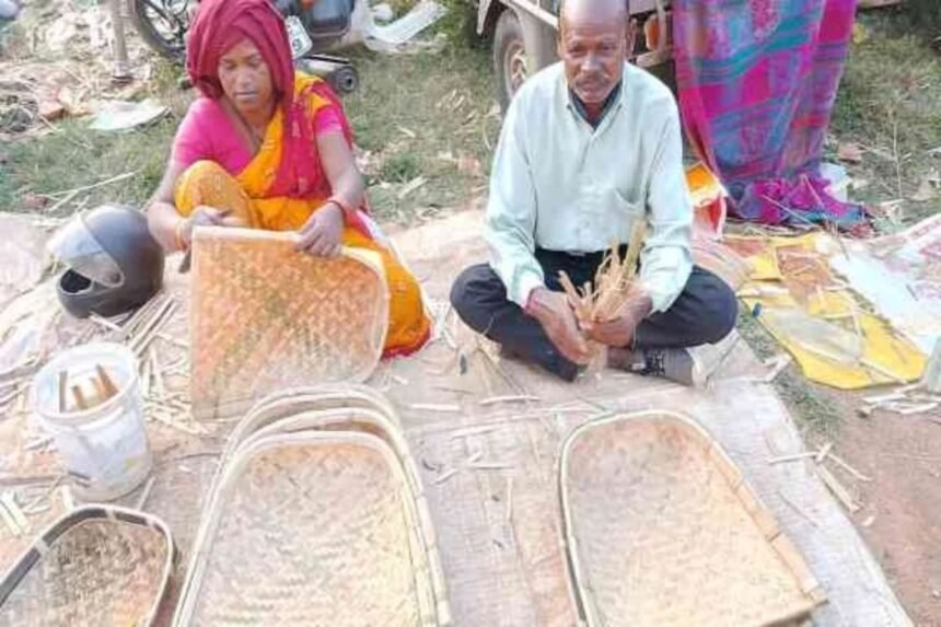 Turis community members in Lohardaga crafting traditional Soop and Dauras for the Chhath festival.