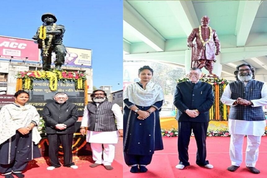 Governor Santosh Gangwar, CM Hemant Soren and Kalpana Soren paying tribute to Martyr Albert Ekka at Albert Ekka Chowk, Ranchi