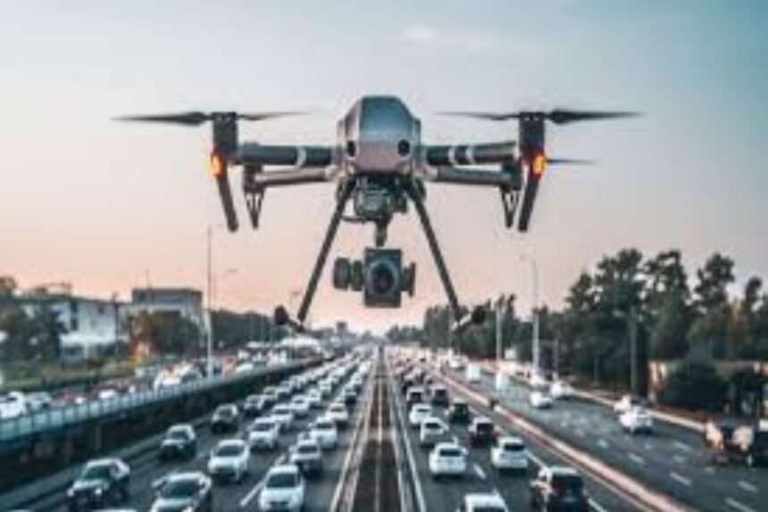 Drone monitoring traffic in Jamshedpur city to improve road safety and manage congestion, part of the police’s latest initiative.