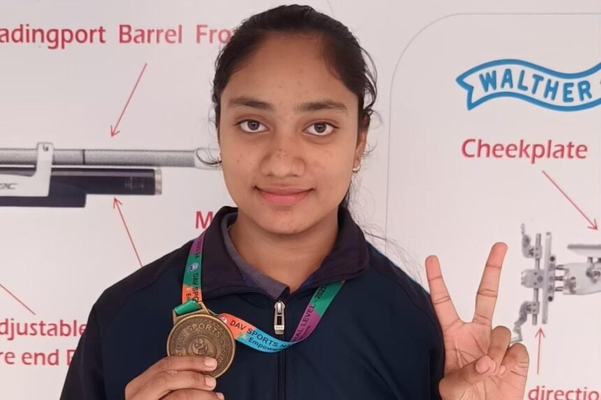 Shivani Kumari from Khunti Rifle Shooting Club wins gold medal at DAV National Shooting Championship.