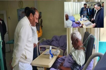 Governor Santosh Gangwar and Raghubar Das visiting Kariya Munda at Medica Hospital in Ranchi to inquire about his health and pray for his recovery.