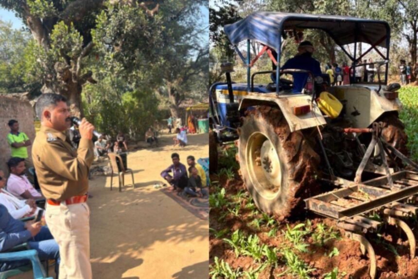 Khunti villagers using tractors to destroy eight acres of opium cultivation in Chamartoli village, Jharkhand.