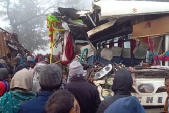 Fatal collision between a passenger bus and truck on National Highway 75 in Palamu, Jharkhand.