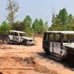 Scene of vehicles set ablaze by Naxalites at a mineral survey site in Latehar’s Chandwa block