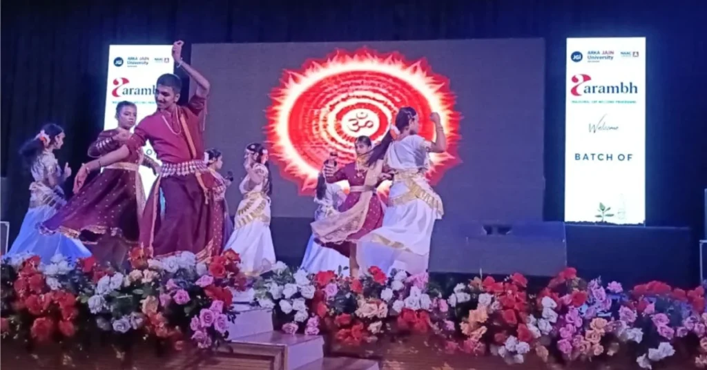 Students perform on stage during Arka Jain University’s Aarambh programme in Jamshedpur