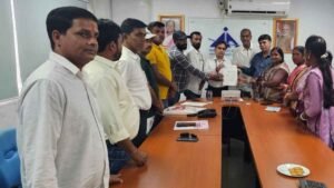 Members of the Birsa Munda Airport Displaced Justice Front submit a memorandum to the airport director in Ranchi