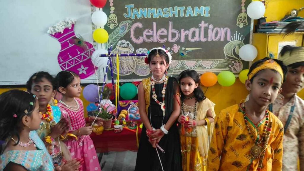 Students dressed as Krishna and Radha during Janmashtami celebrations at Central Public School Adityapur