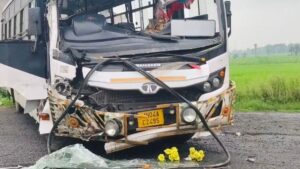 Damaged bus after a collision on the Pakur-Dumka main road