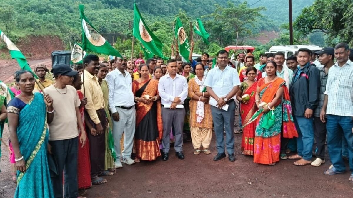Villagers gather at the Rajaburu mine protest site in Gua, West Singhbhum