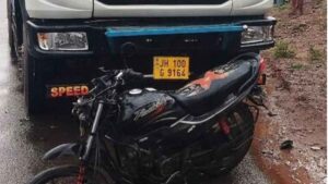 Damaged motorcycle and tanker after a fatal road accident in Gitilpi near Chaibasa