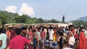 Refined oil tanker overturned on the roadside in Koderma Valley