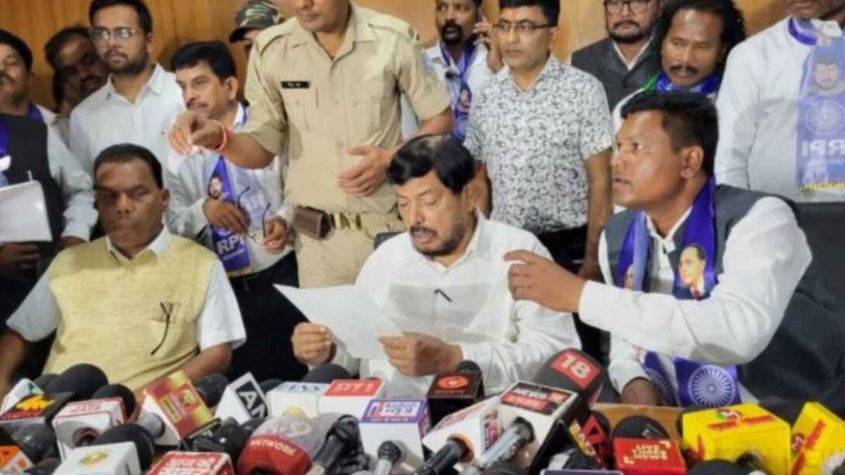 Union Minister Ramdas Athawale speaks to journalists during his Ranchi visit