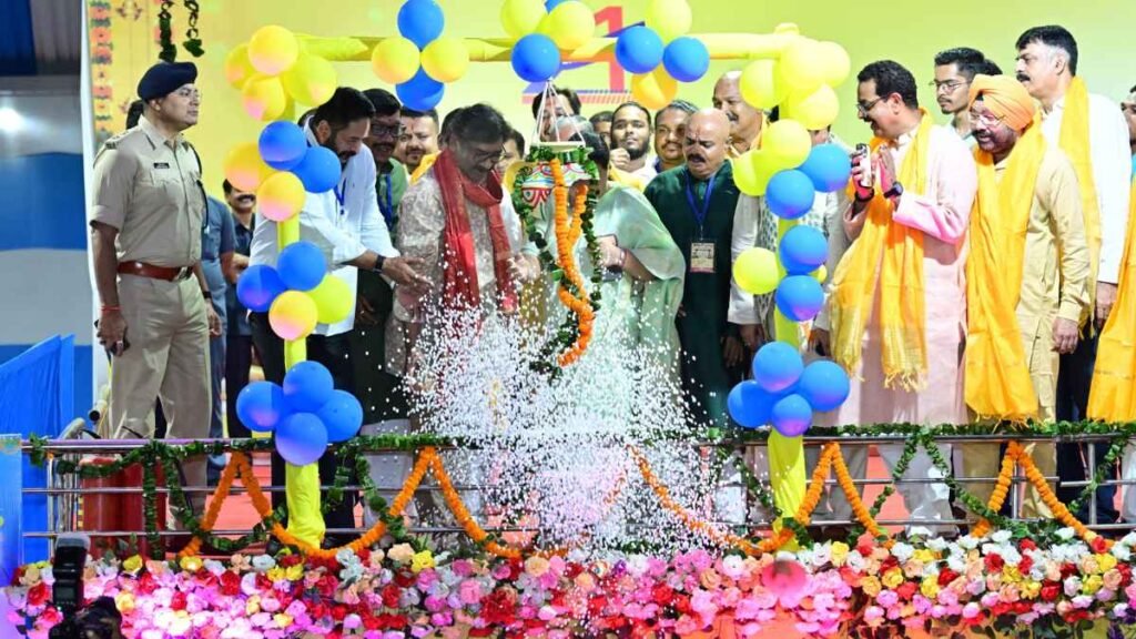 Dahi Handi ceremony during Krishna Janmotsav celebrations at Morabadi Maidan in Ranchi