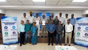 Management and union representatives during the Tata Pigments wage agreement in Jamshedpur